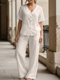 Casual short-sleeved button-down cotton-linen set