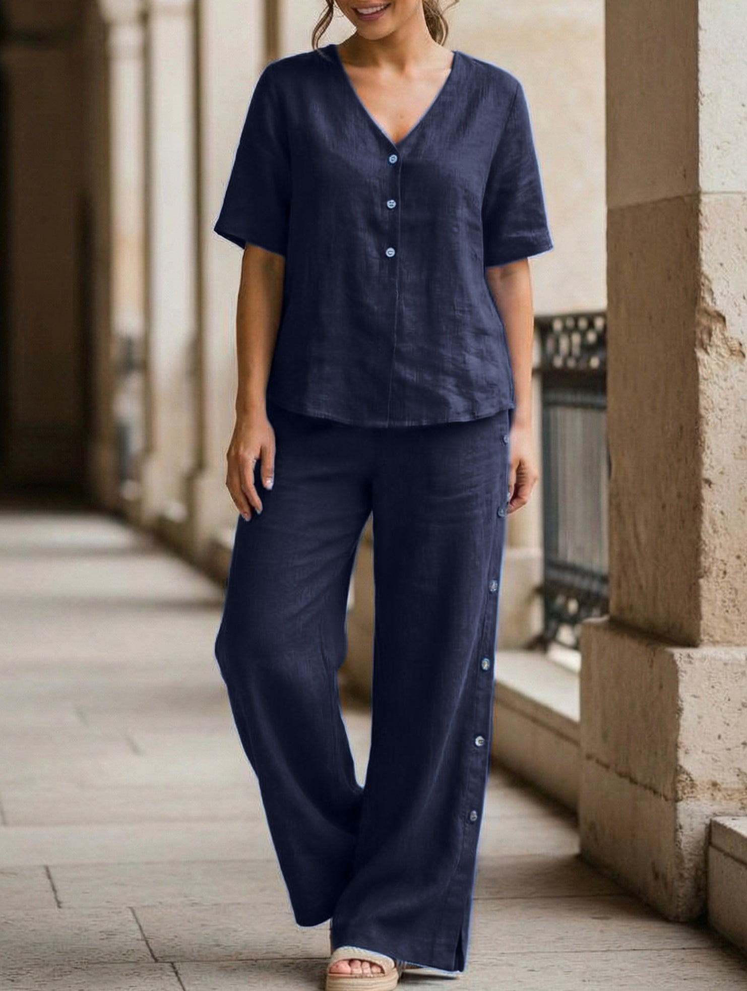 Casual short-sleeved button-down cotton-linen set