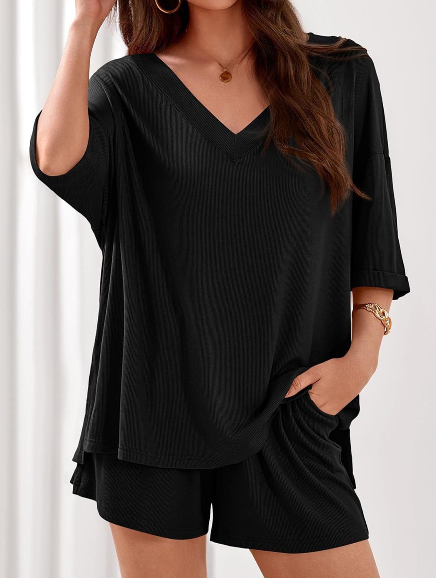V-neck short-sleeved casual beach suit for women