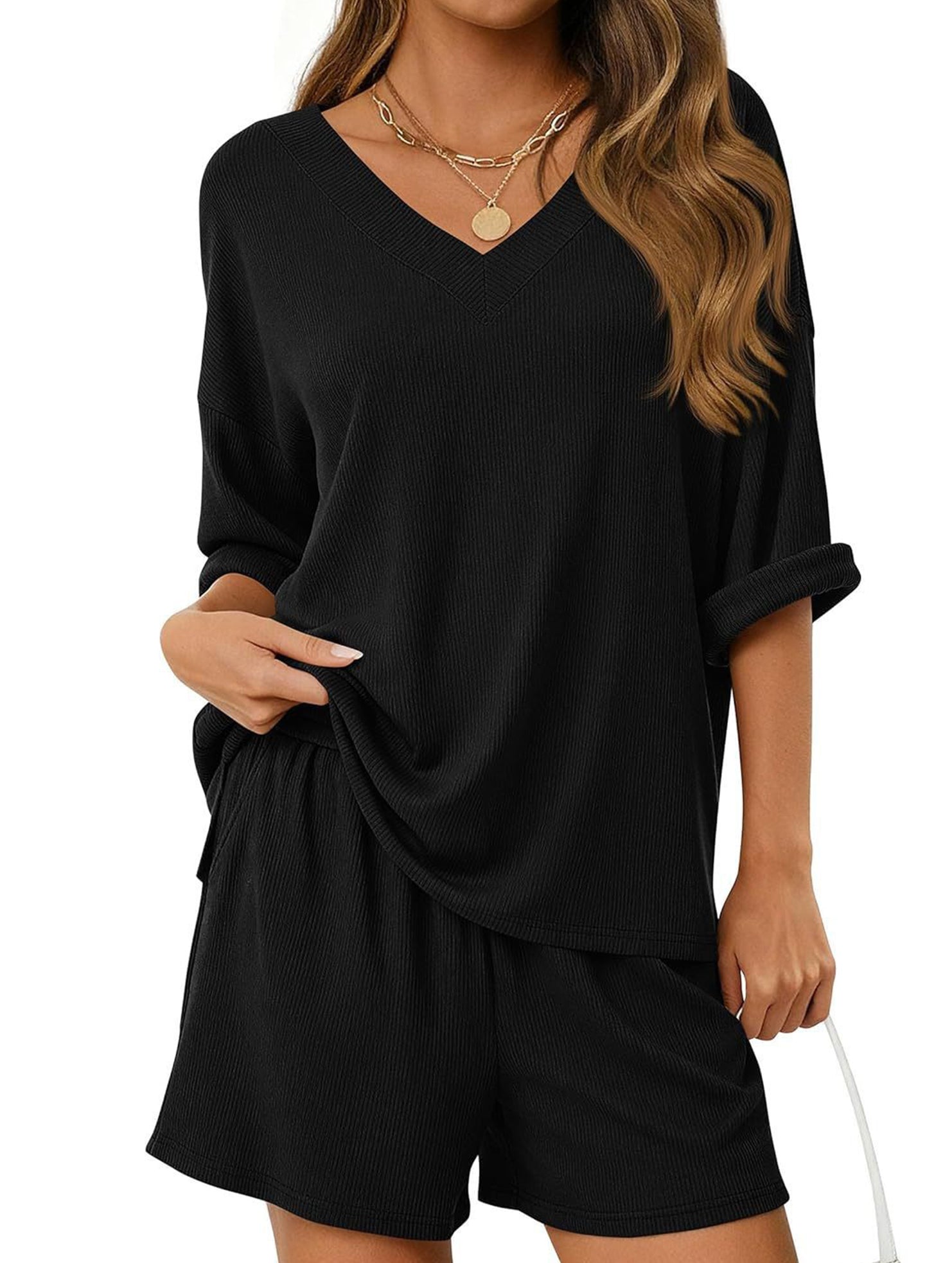 V-neck short-sleeved casual beach suit for women