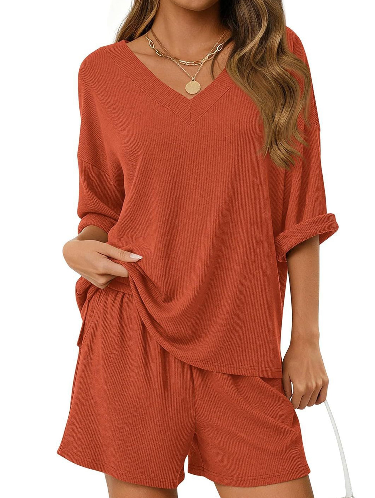 V-neck short-sleeved casual beach suit for women