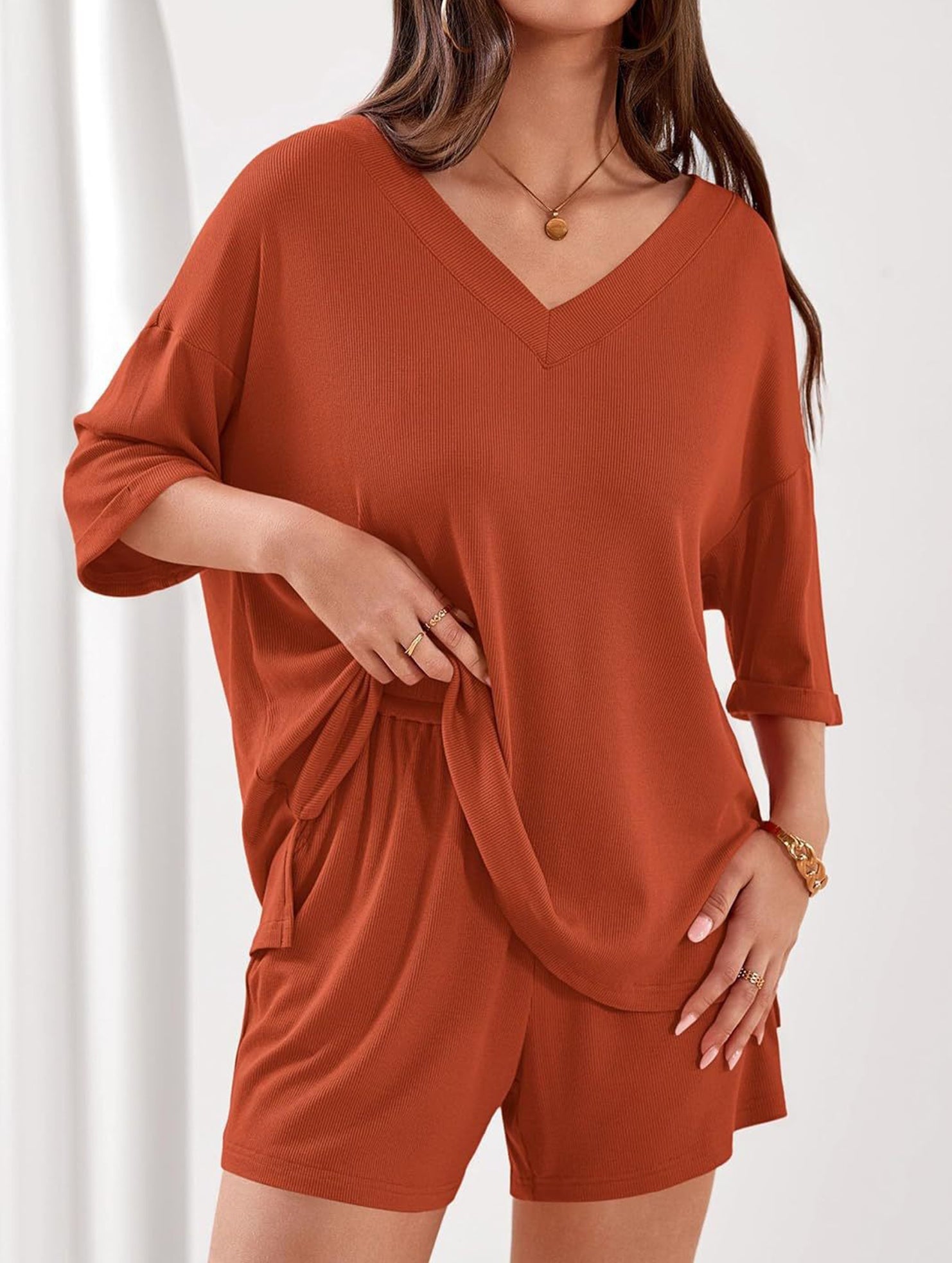 V-neck short-sleeved casual beach suit for women