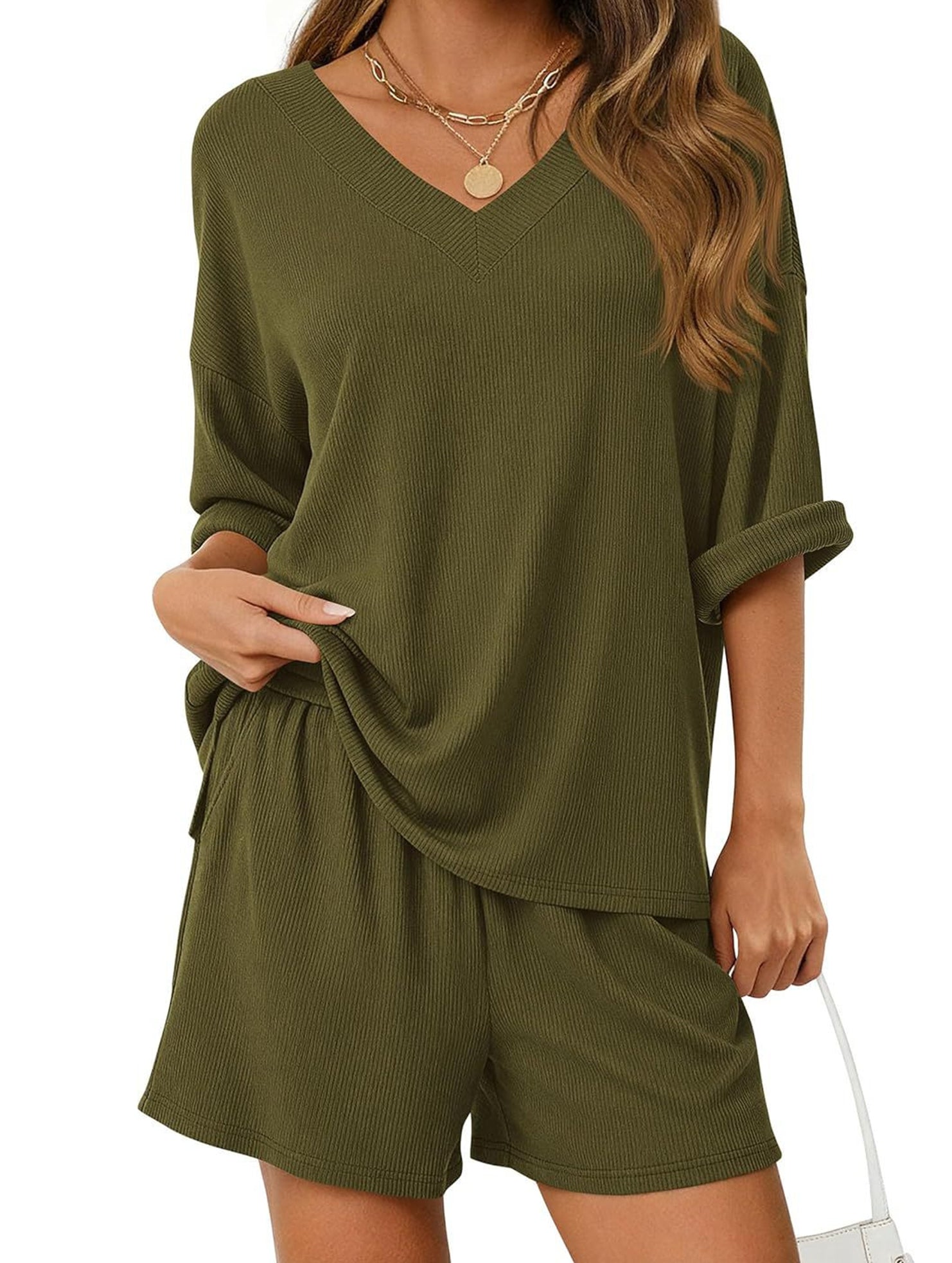V-neck short-sleeved casual beach suit for women