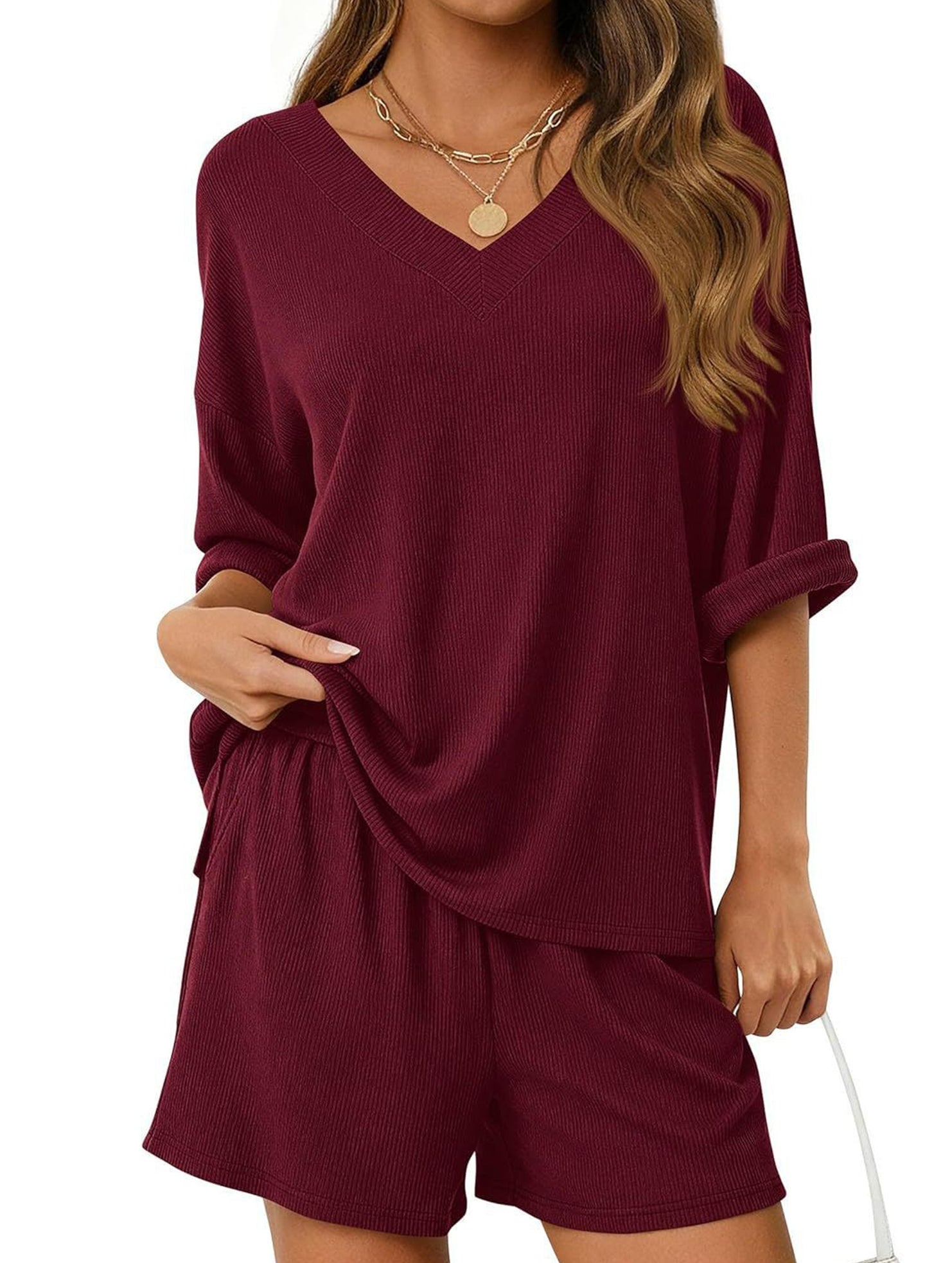 V-neck short-sleeved casual beach suit for women