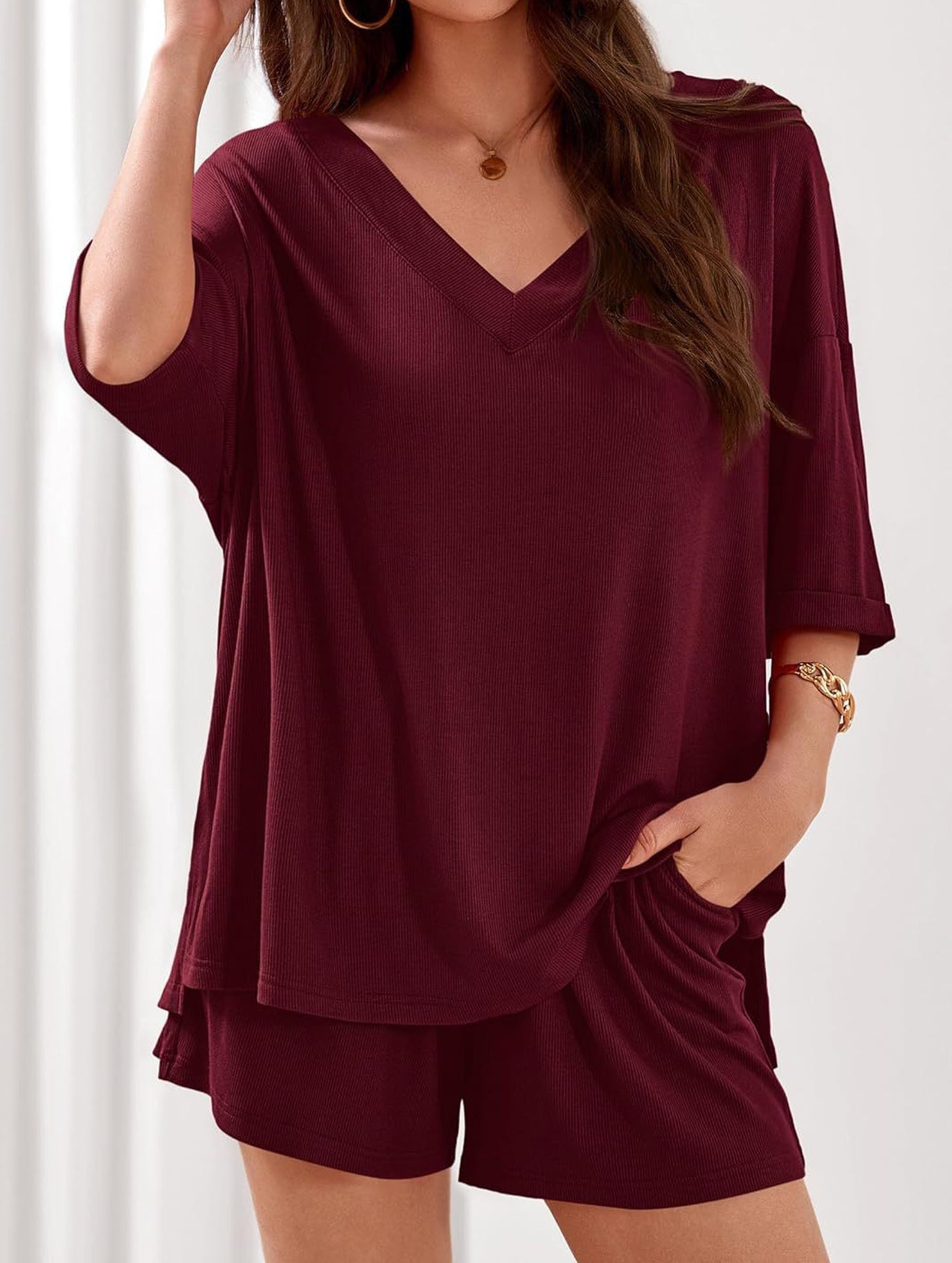 V-neck short-sleeved casual beach suit for women