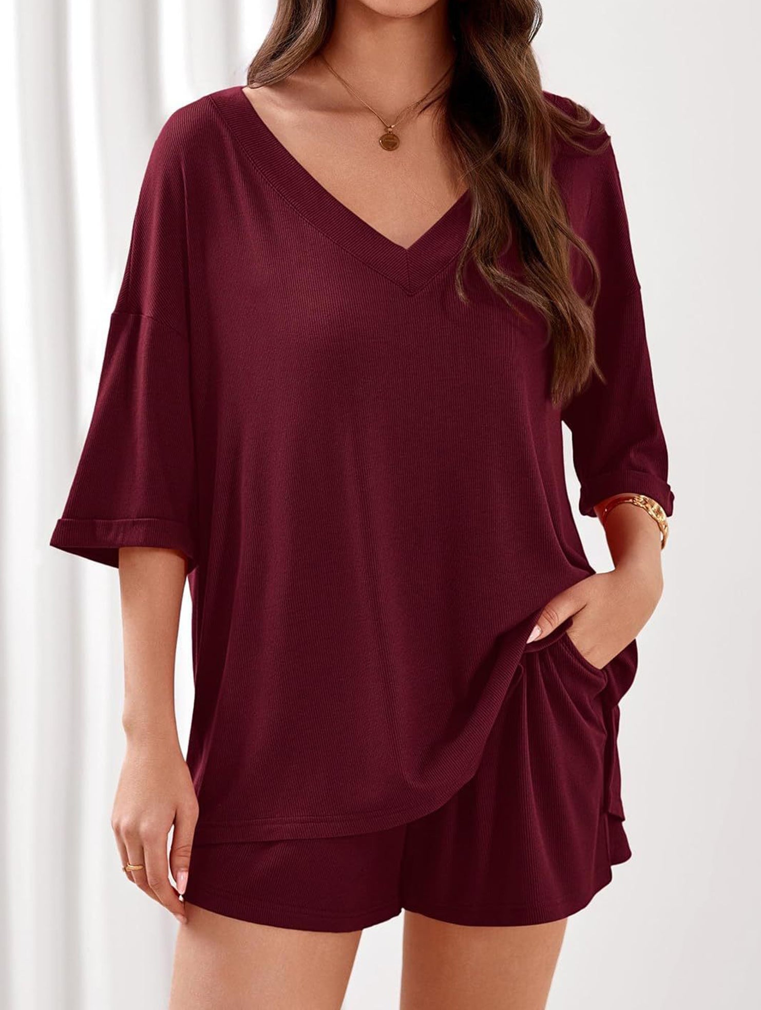 V-neck short-sleeved casual beach suit for women