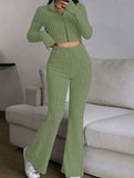 Women's Ribbed Cardigan High Waist Flare Pants Suit_CWSS01459