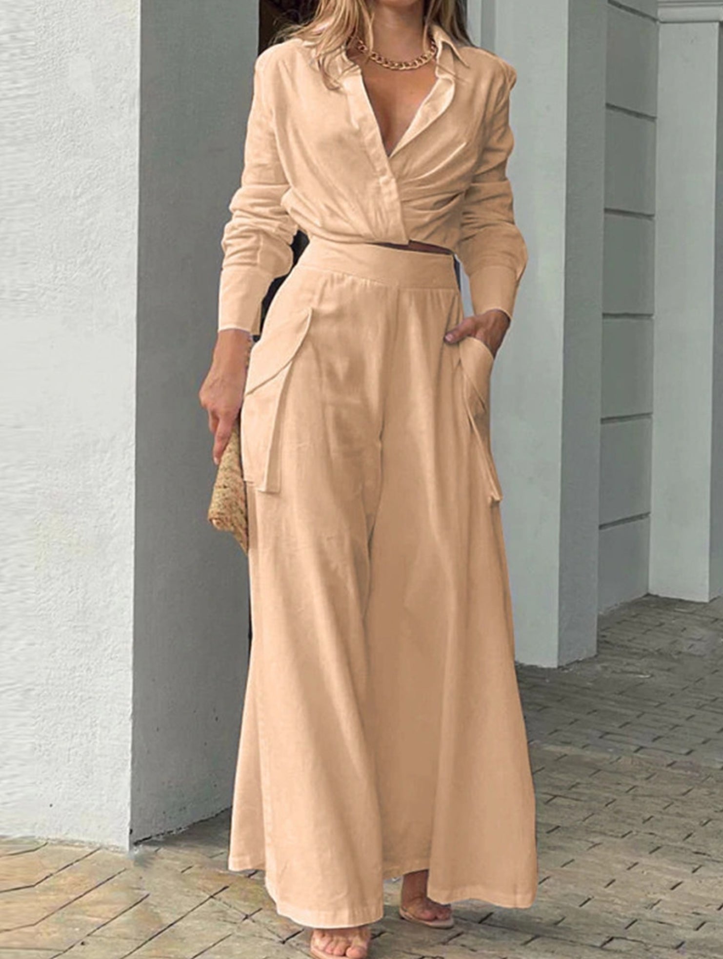 Solid Lapel Slim Fashion Set
