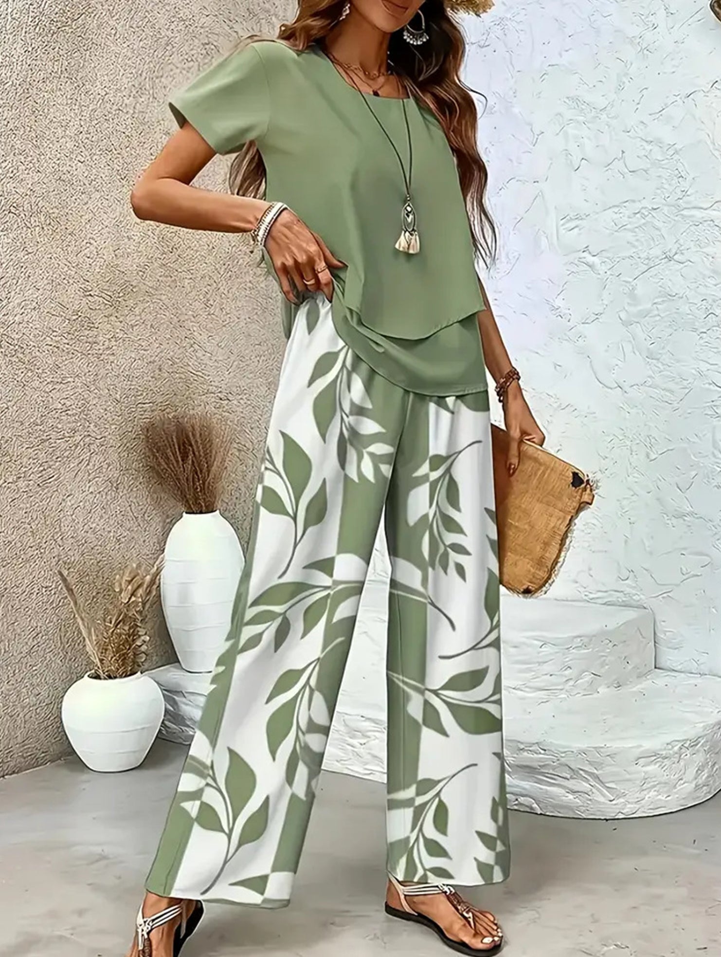 Print Top Wide Leg Pants Set_CWSS01490