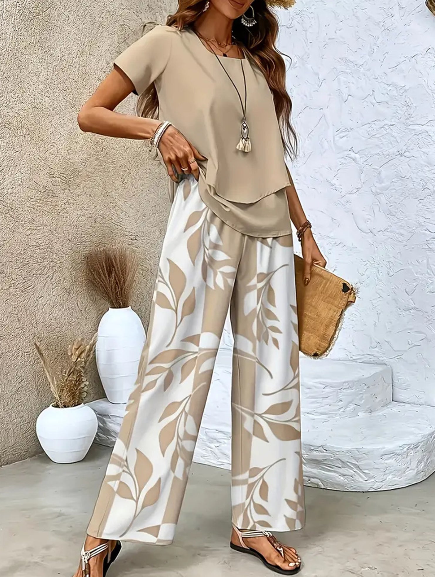 Print Top Wide Leg Pants Set_CWSS01490