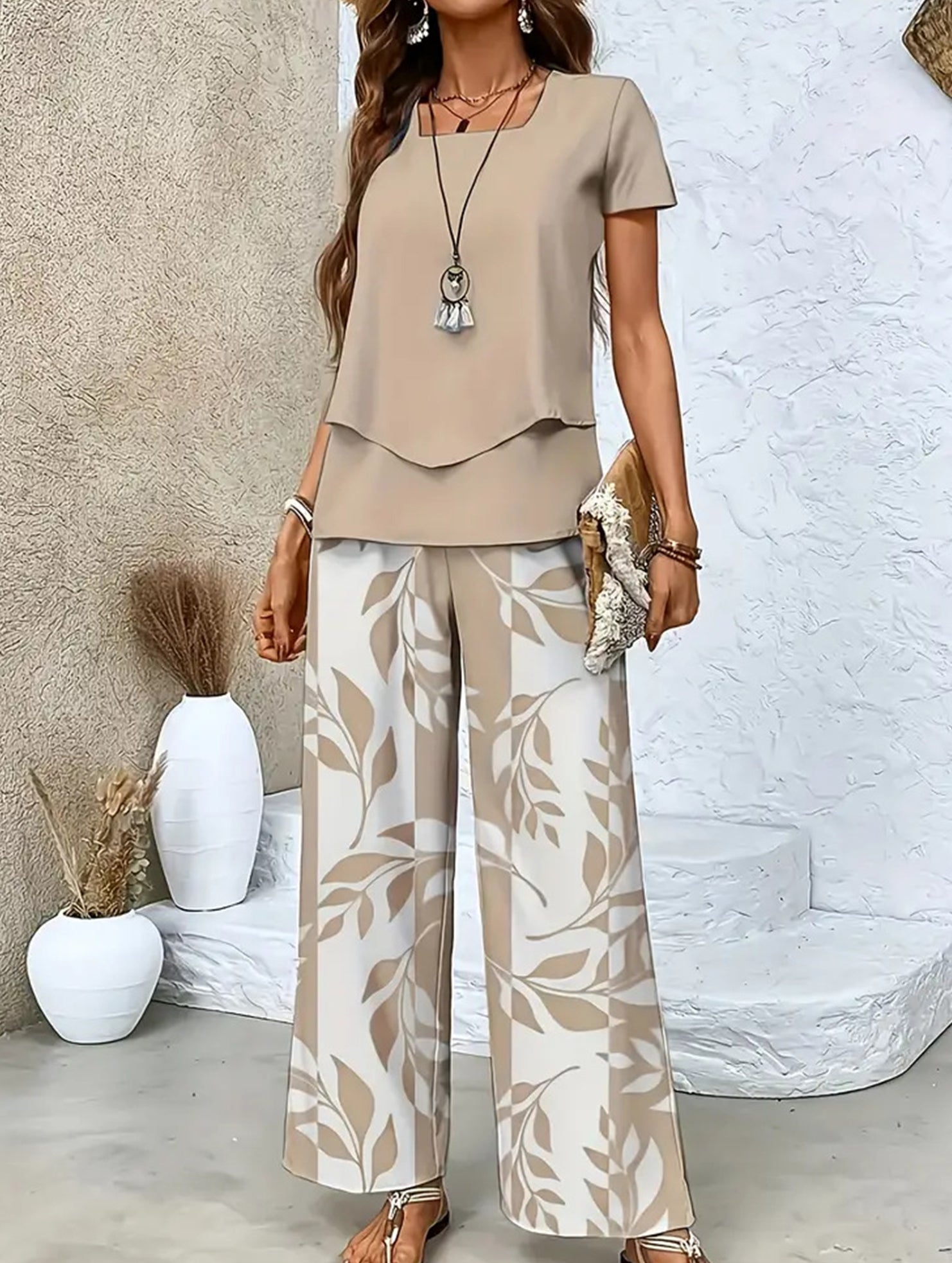 Print Top Wide Leg Pants Set_CWSS01490