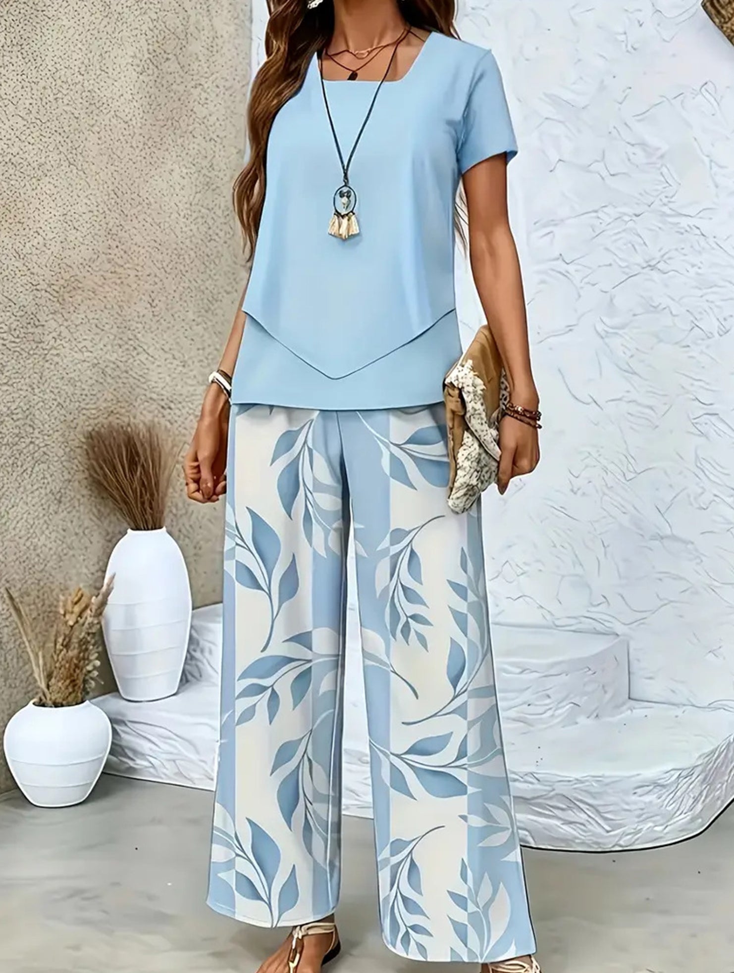 Print Top Wide Leg Pants Set_CWSS01490