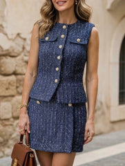 Beaded Tweed Vest Jacket Pants Set