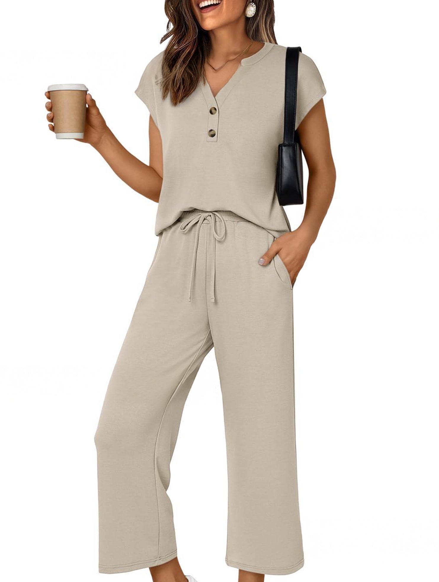 Solid V Neck Button Short Sleeve Two Piece Set