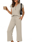 Solid V Neck Button Short Sleeve Two Piece Set