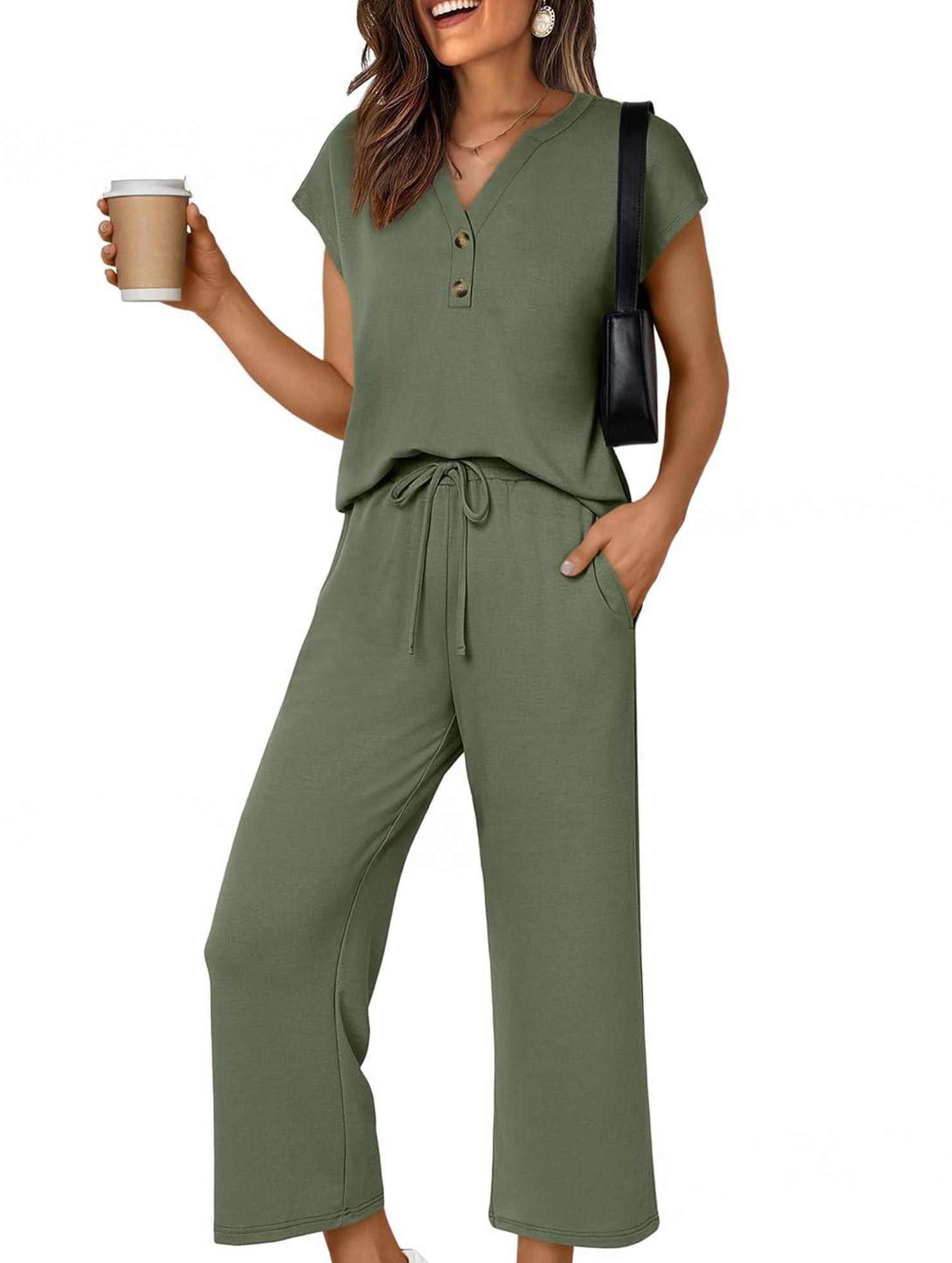 Solid V Neck Button Short Sleeve Two Piece Set