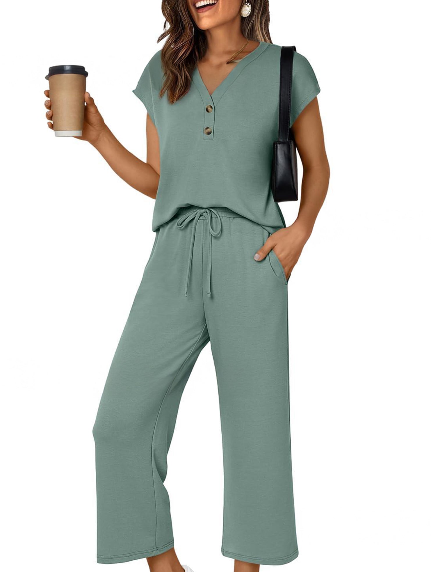 Solid V Neck Button Short Sleeve Two Piece Set