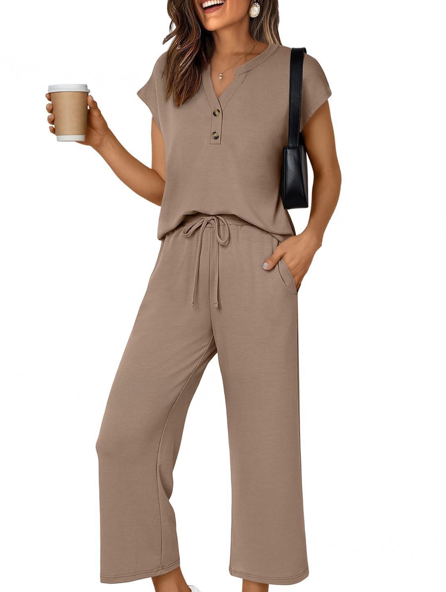 Solid V Neck Button Short Sleeve Two Piece Set