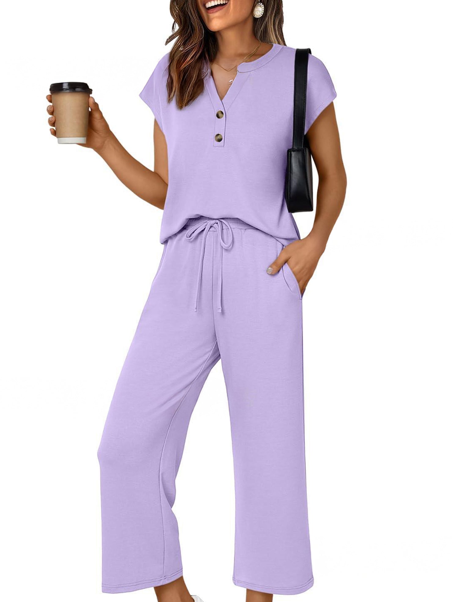 Solid V Neck Button Short Sleeve Two Piece Set