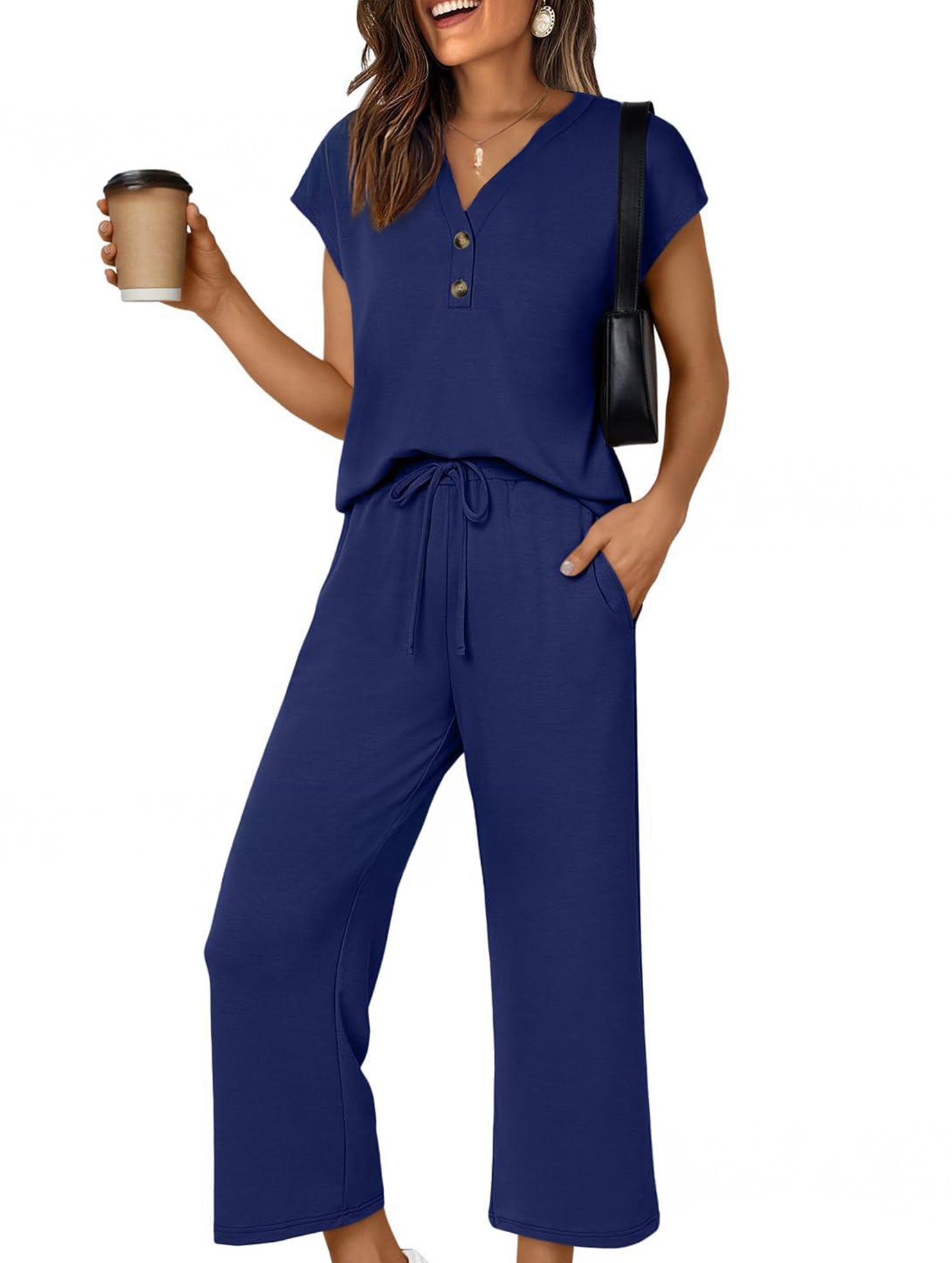 Solid V Neck Button Short Sleeve Two Piece Set