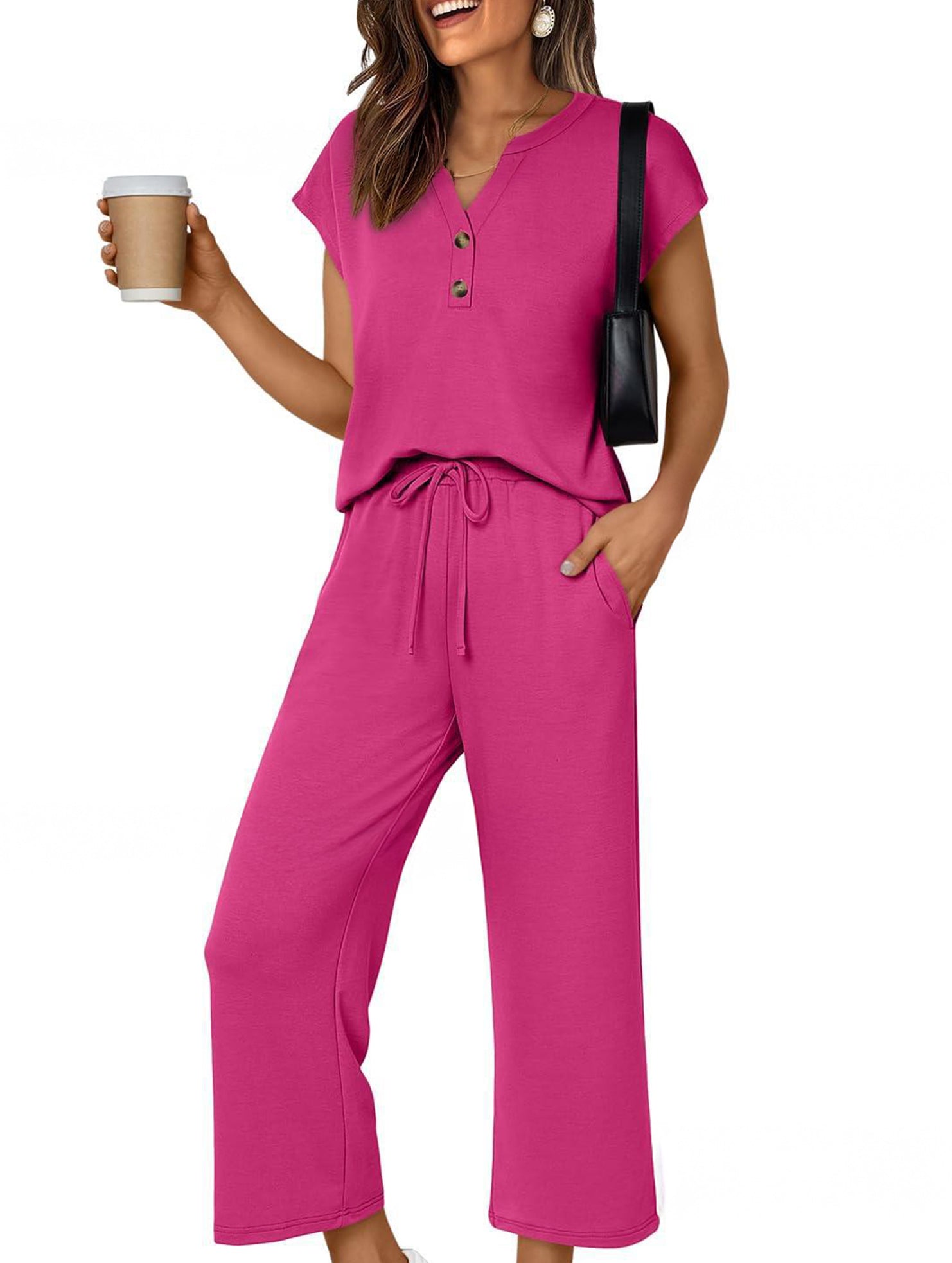 Solid V Neck Button Short Sleeve Two Piece Set