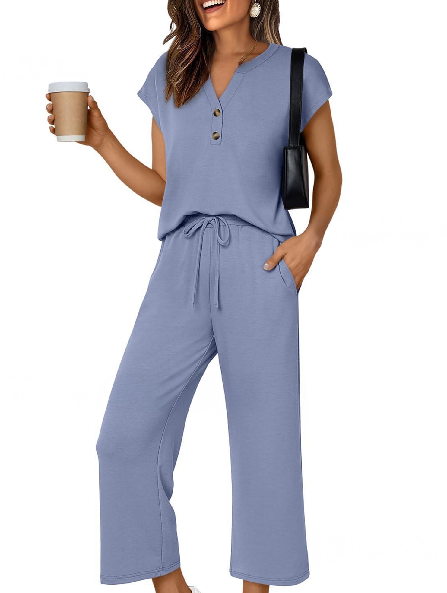 Solid V Neck Button Short Sleeve Two Piece Set