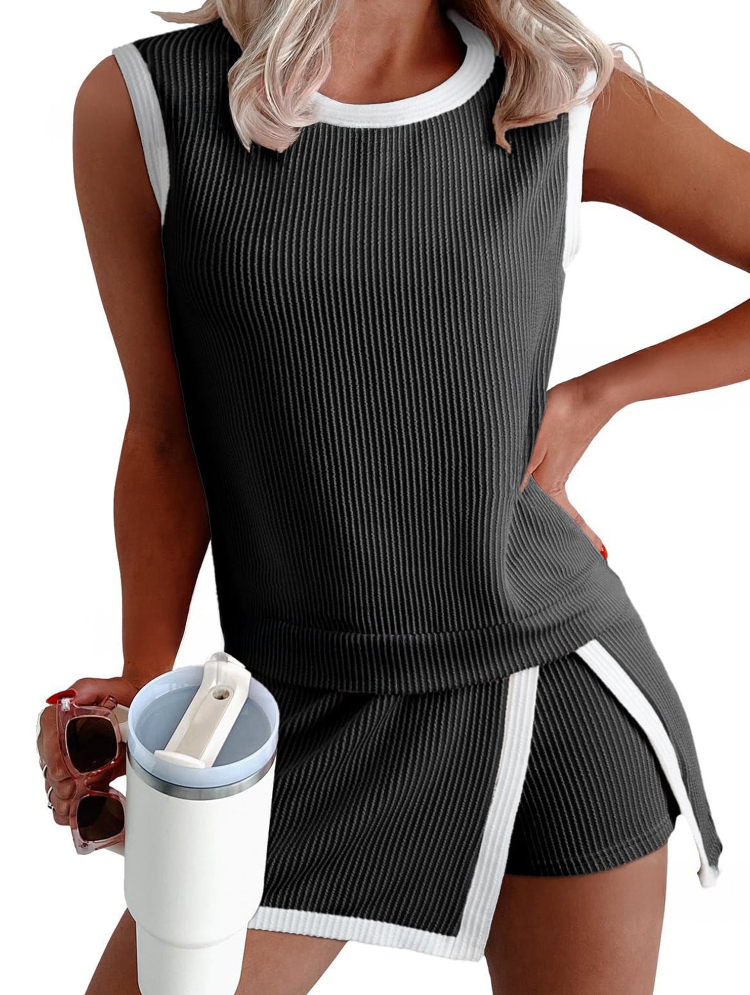 Color Block Slit Sport Tank Top Set
