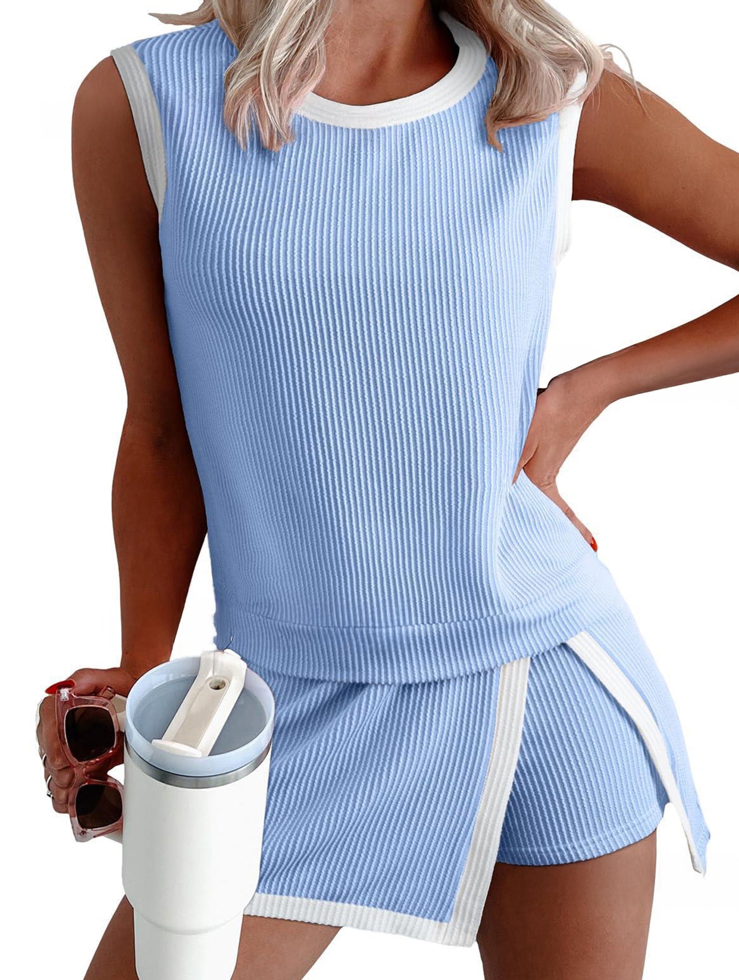 Color Block Slit Sport Tank Top Set