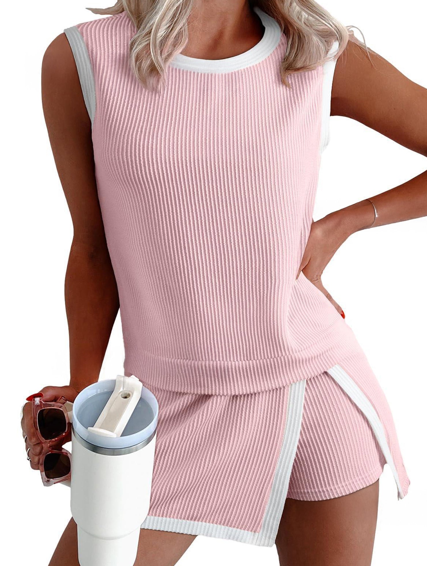 Color Block Slit Sport Tank Top Set