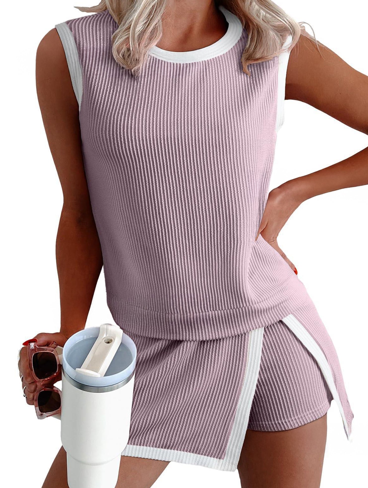 Color Block Slit Sport Tank Top Set