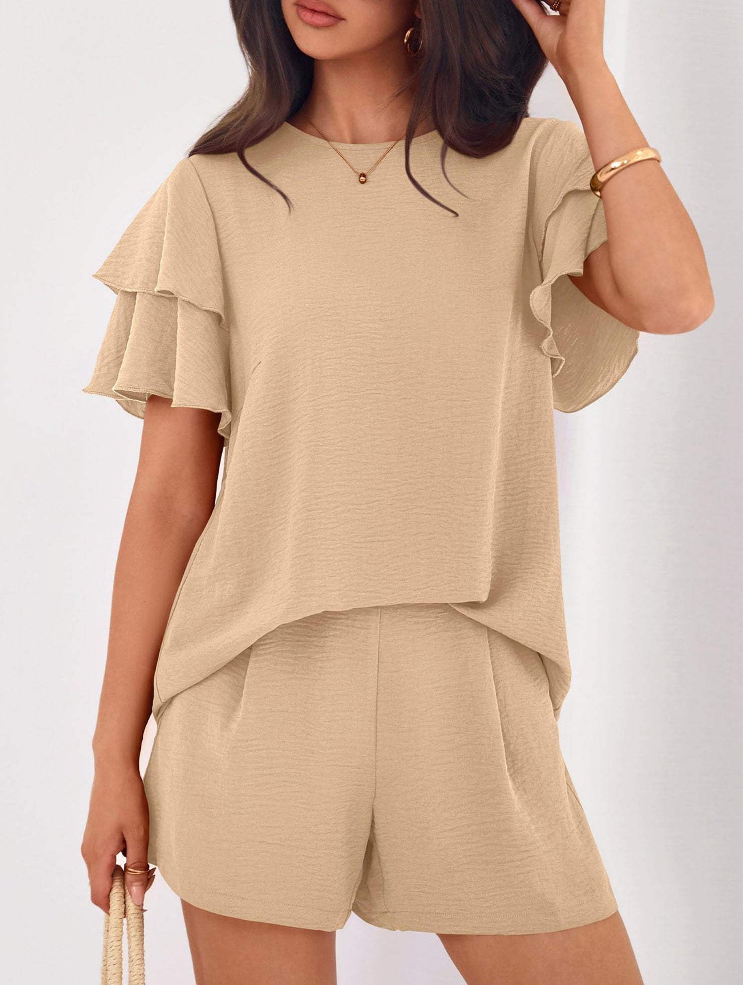 Crew Neck Top Shorts Casual Two Piece Set