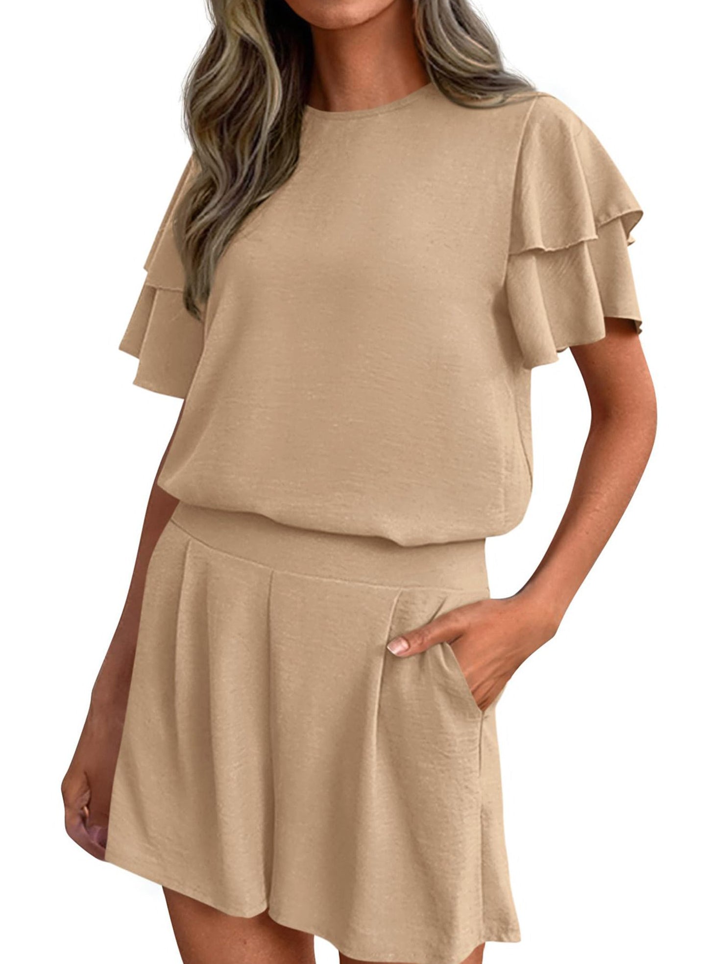 Crew Neck Top Shorts Casual Two Piece Set