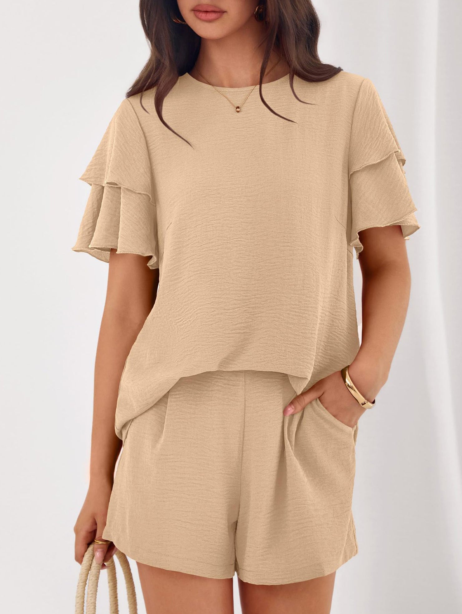 Crew Neck Top Shorts Casual Two Piece Set