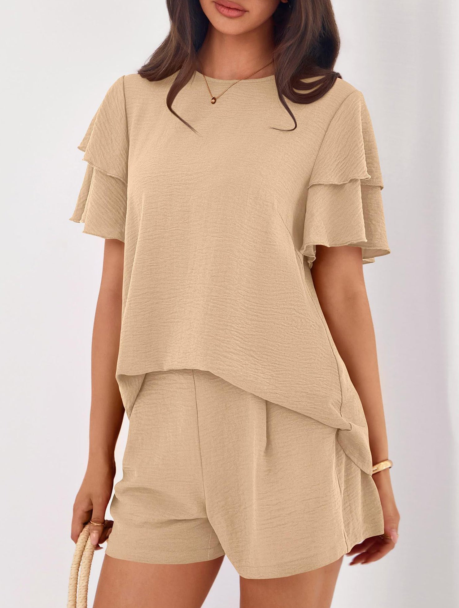 Crew Neck Top Shorts Casual Two Piece Set