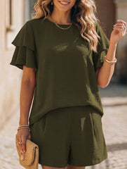 Crew Neck Top Shorts Casual Two Piece Set