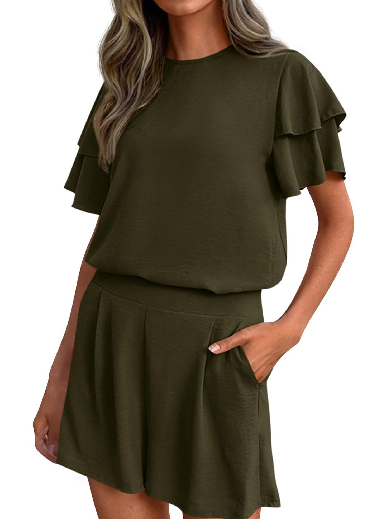 Crew Neck Top Shorts Casual Two Piece Set
