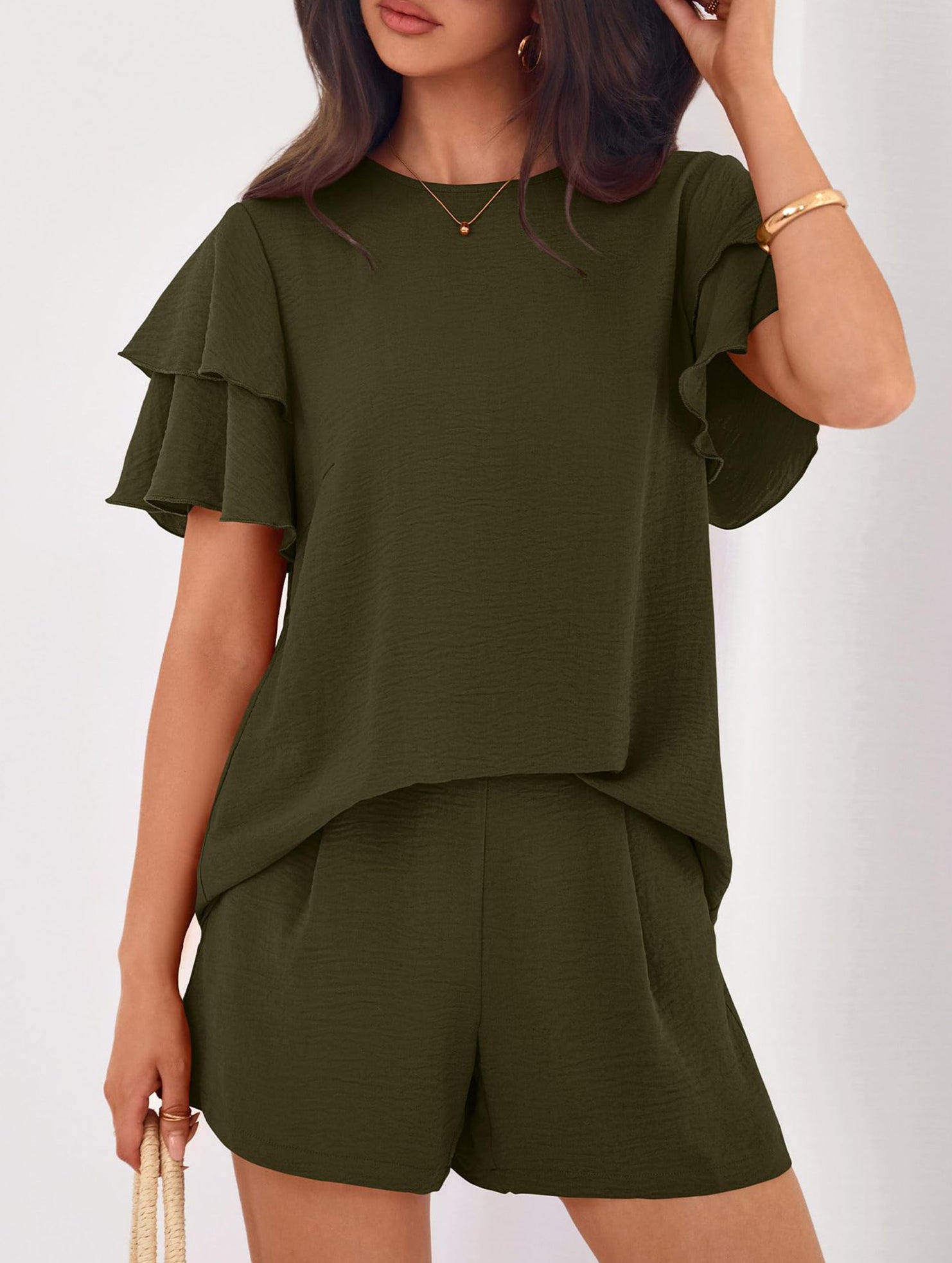 Crew Neck Top Shorts Casual Two Piece Set