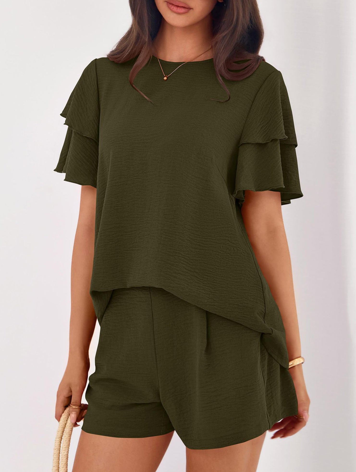 Crew Neck Top Shorts Casual Two Piece Set