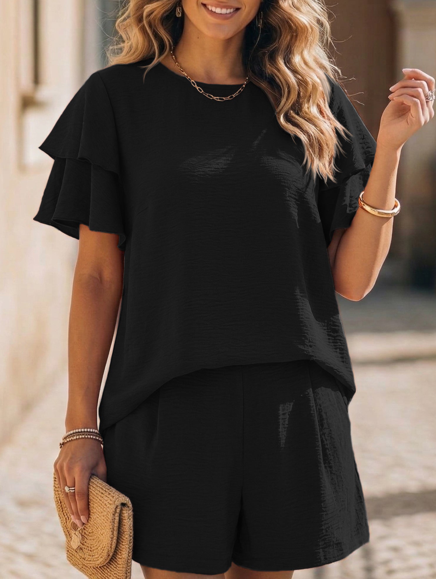 Crew Neck Top Shorts Casual Two Piece Set