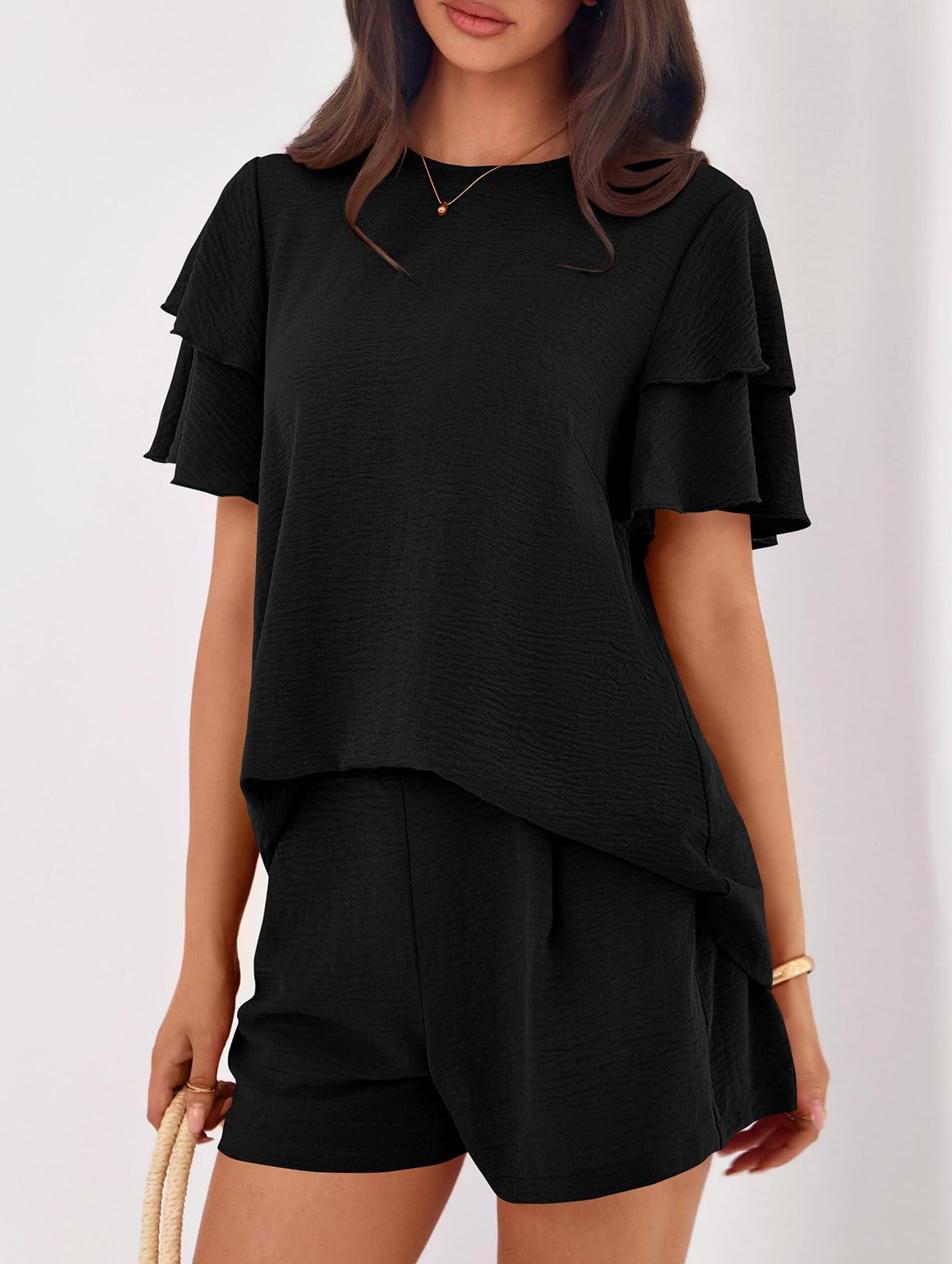 Crew Neck Top Shorts Casual Two Piece Set