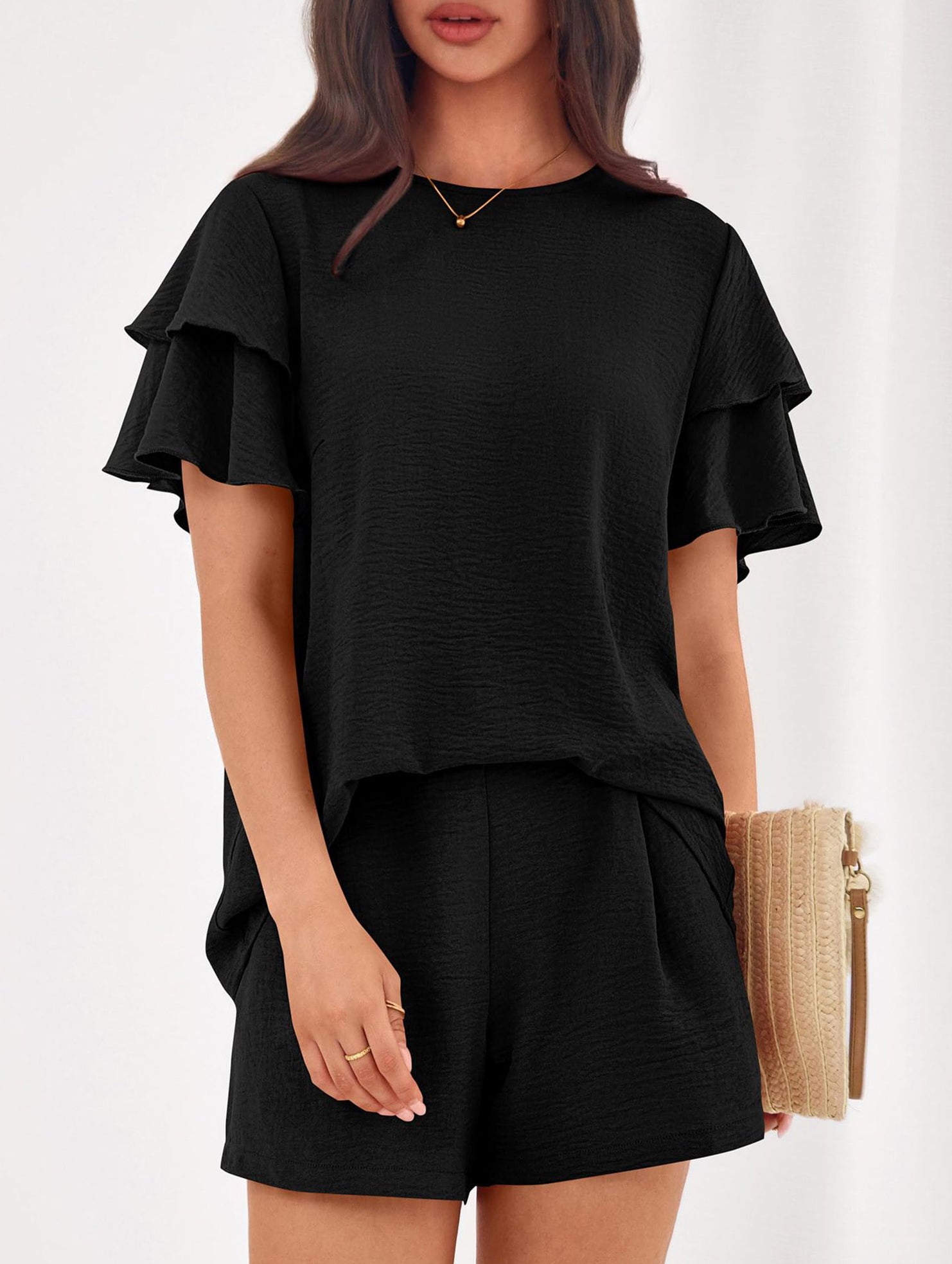 Crew Neck Top Shorts Casual Two Piece Set