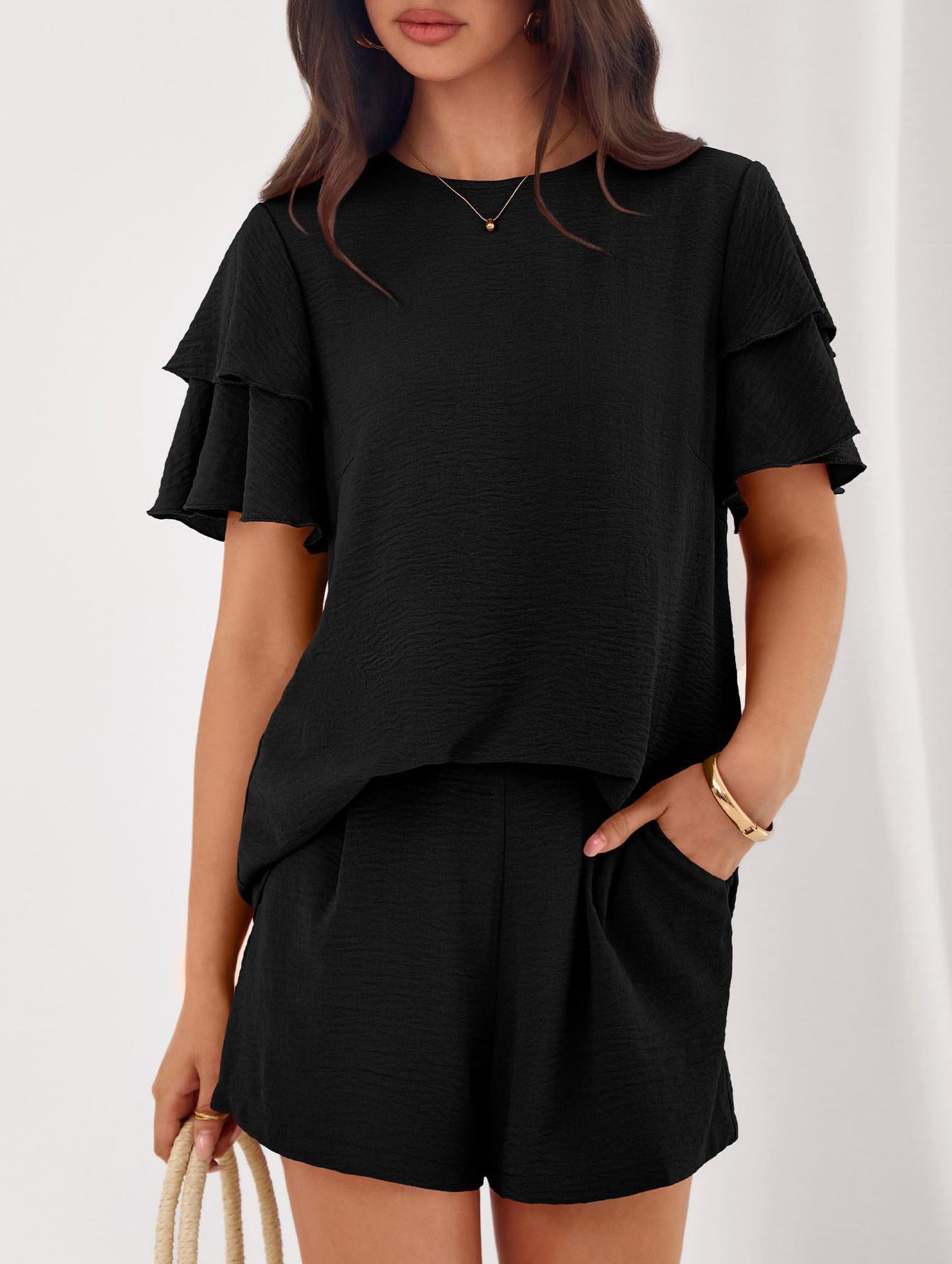 Crew Neck Top Shorts Casual Two Piece Set