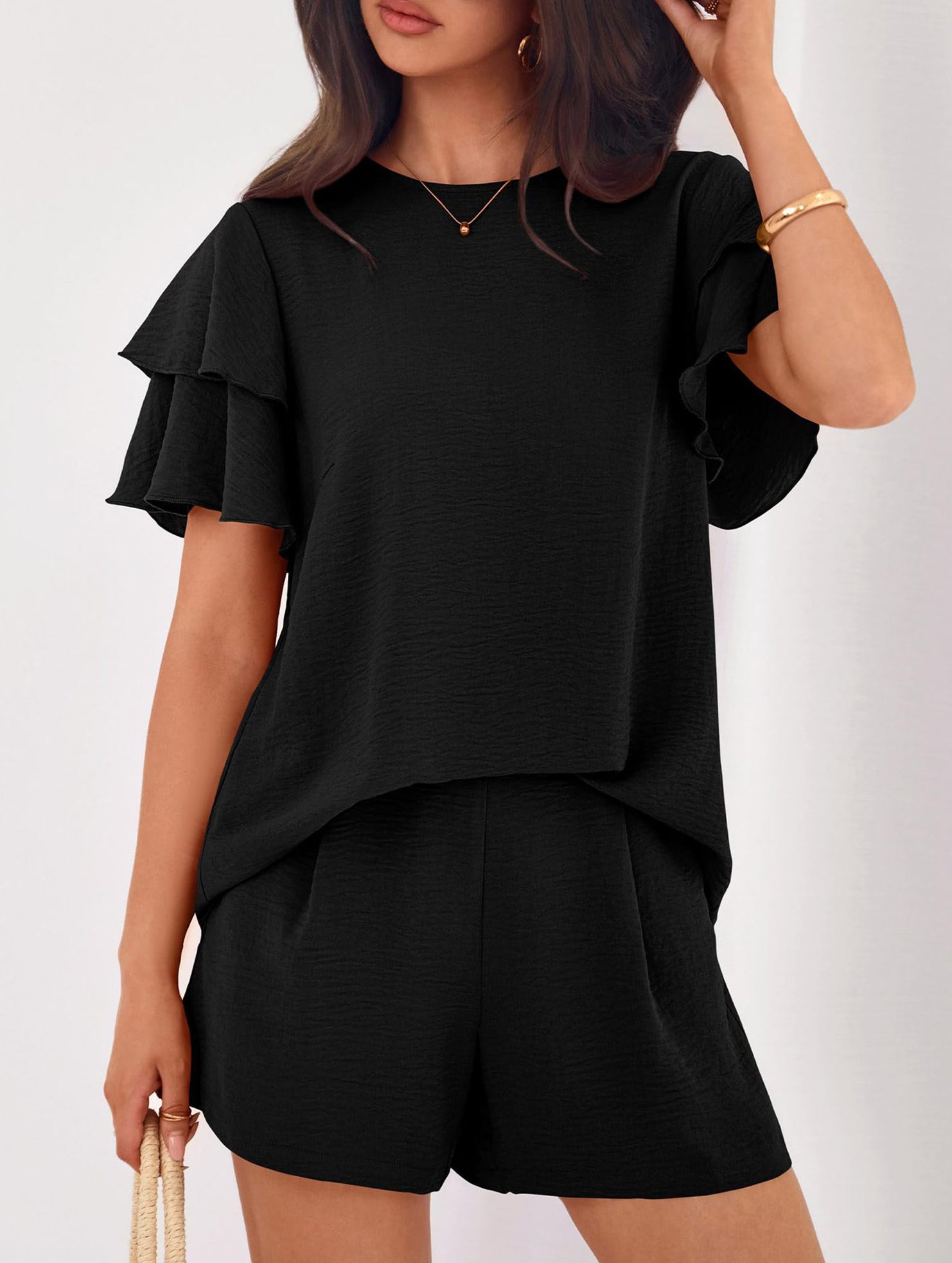 Crew Neck Top Shorts Casual Two Piece Set