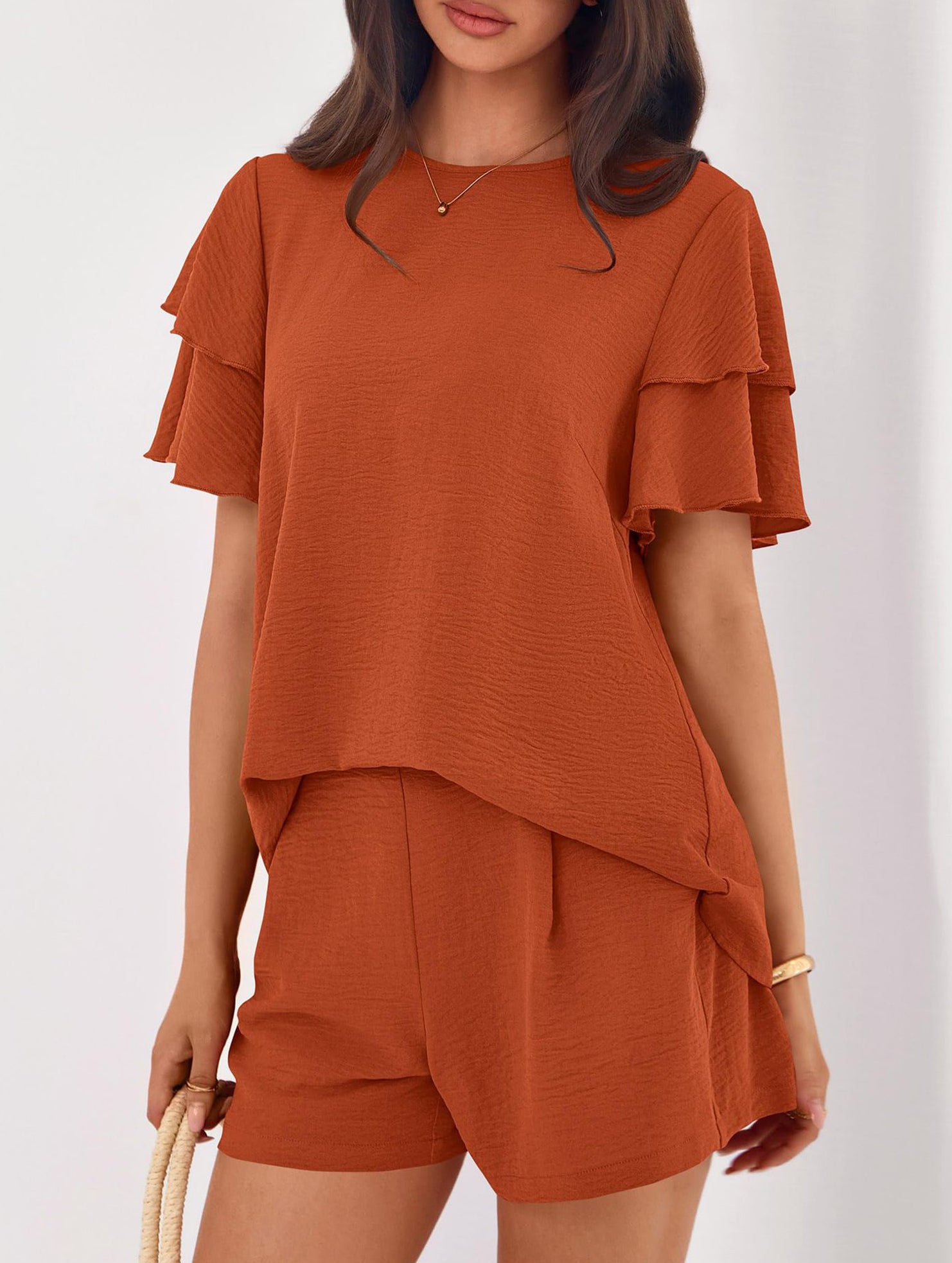 Crew Neck Top Shorts Casual Two Piece Set