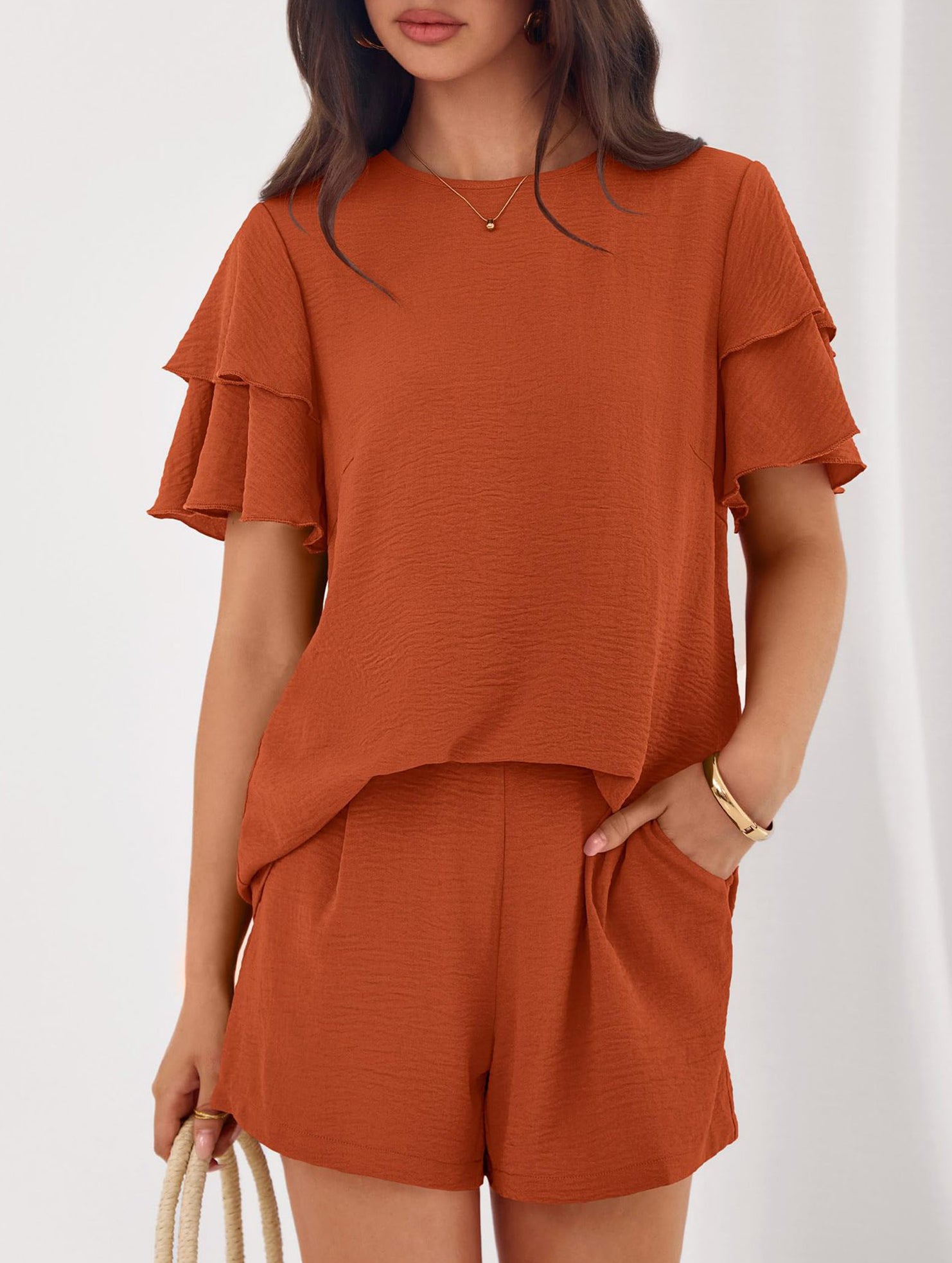 Crew Neck Top Shorts Casual Two Piece Set