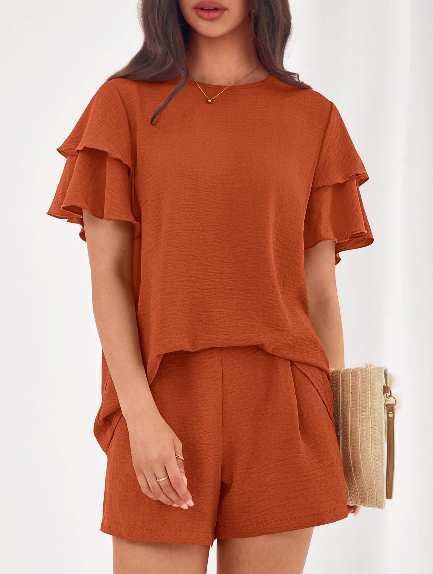 Crew Neck Top Shorts Casual Two Piece Set
