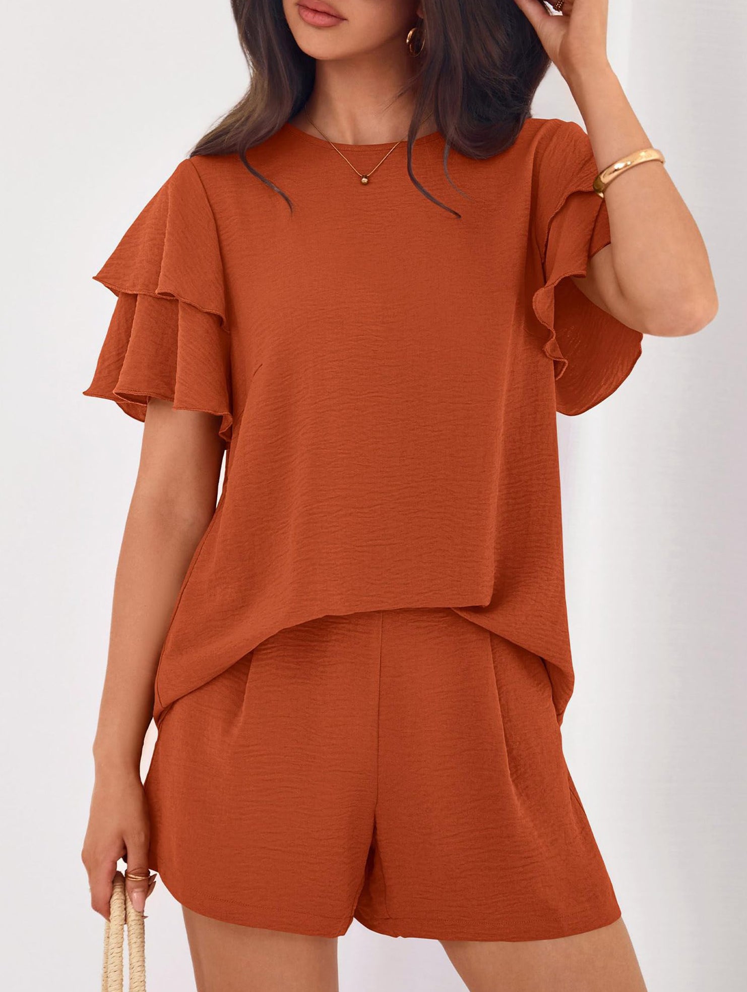 Crew Neck Top Shorts Casual Two Piece Set