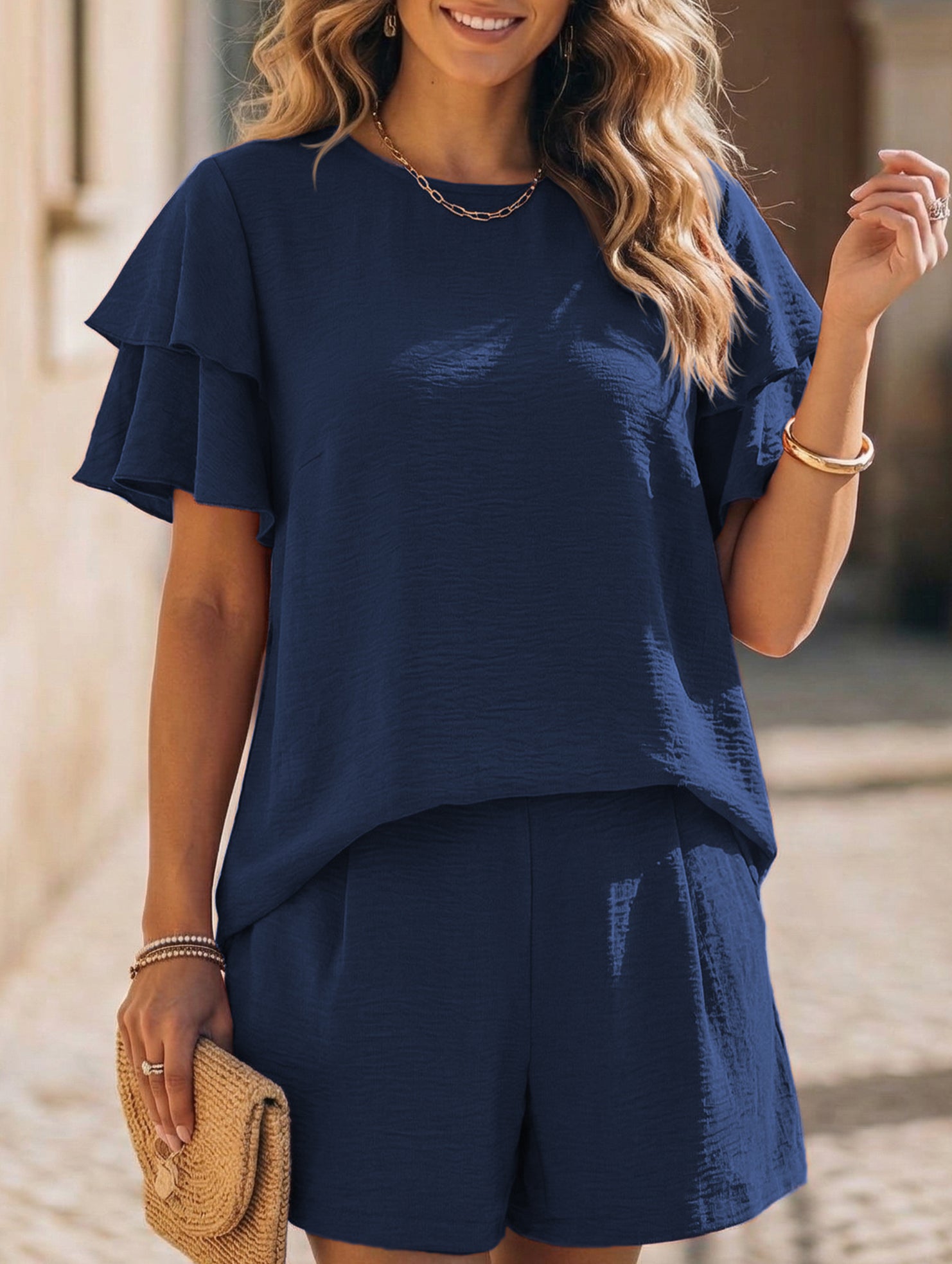 Crew Neck Top Shorts Casual Two Piece Set