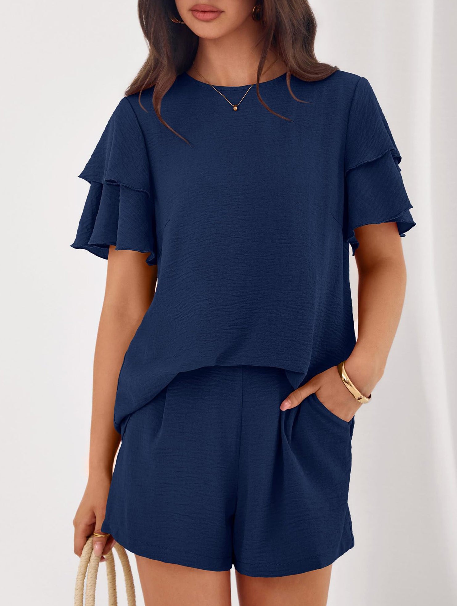 Crew Neck Top Shorts Casual Two Piece Set