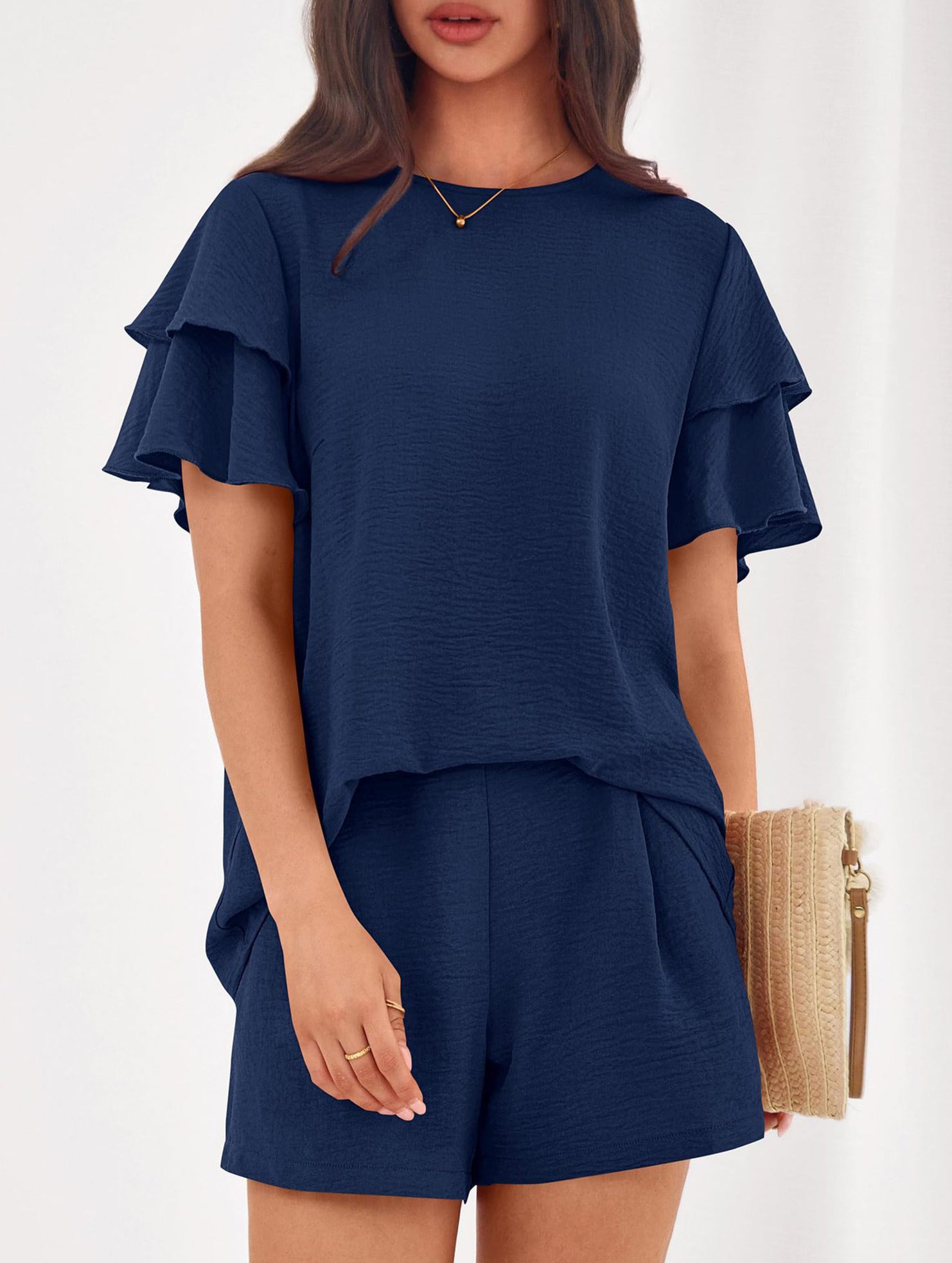 Crew Neck Top Shorts Casual Two Piece Set